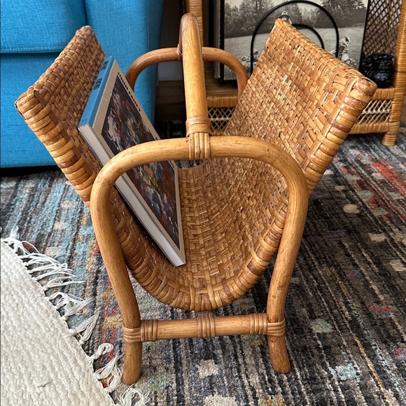MCM Style Vintage Bent Wood Bamboo Rattan Woven Magazine Rack Retro Boho Decor - Picture 3 of 17